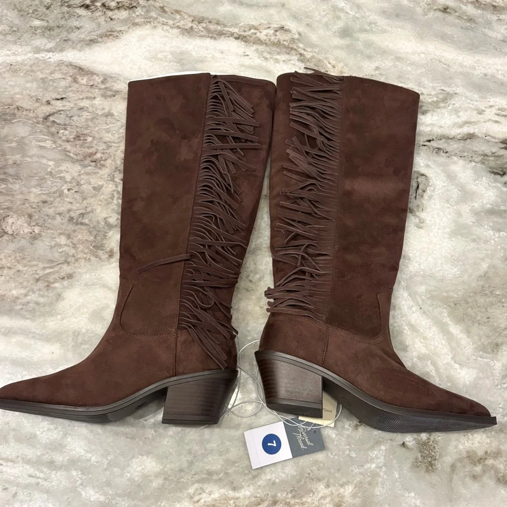 NWT Women’s Universal Thread Patsy Fringe Faux Suede Tall Western Boot - Brown 7